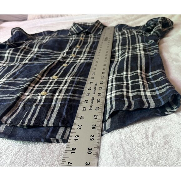 Scott Barber Mens Plaid Linen KhakisCarmel Button-Down Shirt Large Navy Casual - Picture 7 of 8